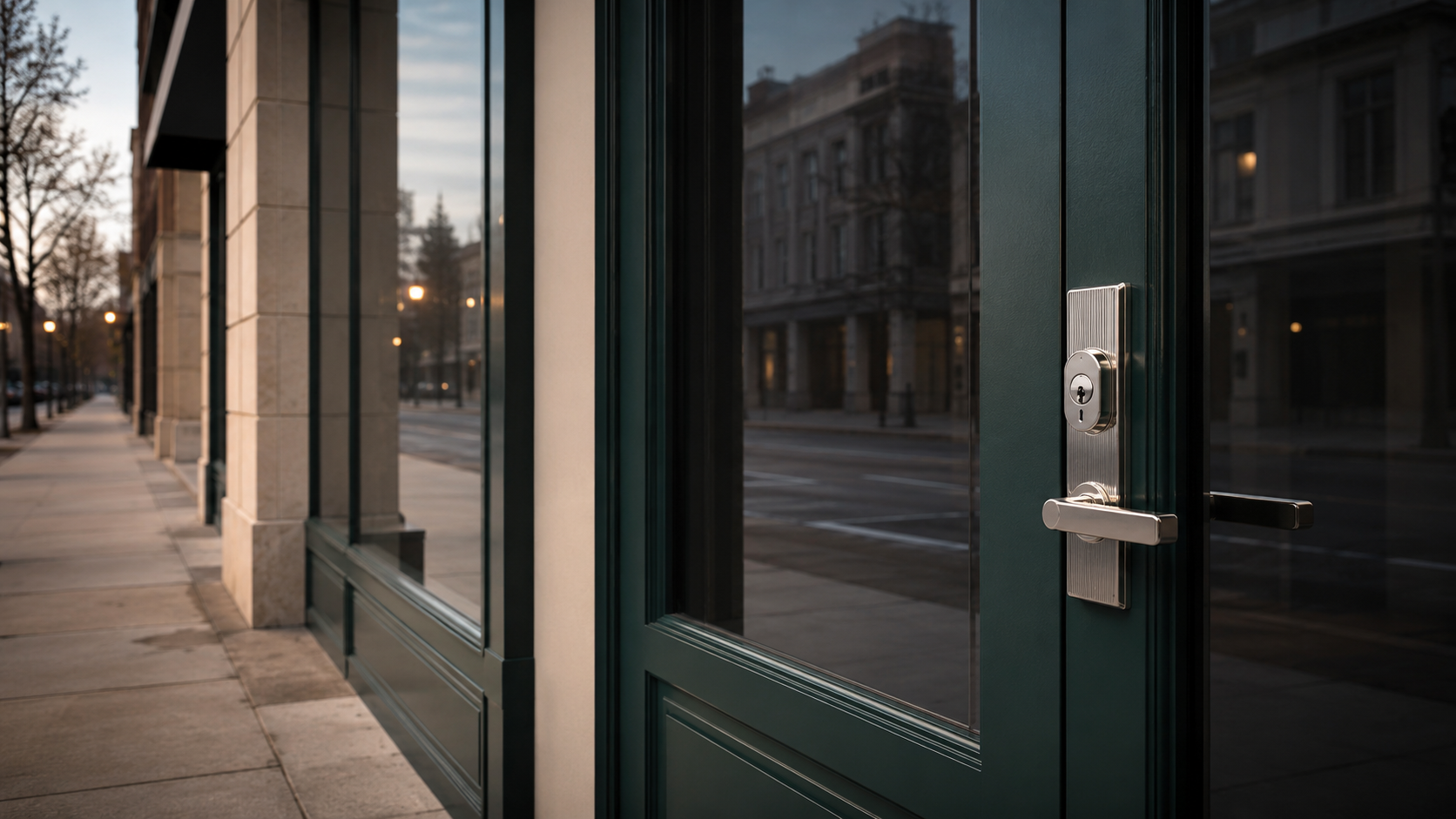 Socio frente a la puerta cerrada de su propio negocio con la cerradura cambiada